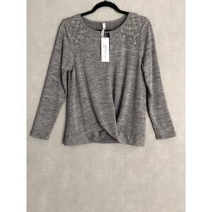 NY Collection Keyhole Top Women's Size PL Long Sleeve Studded Gray NEW